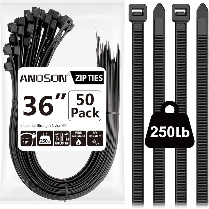 ANOSON 36-Inch UV Black Zip Ties (50 Pack)